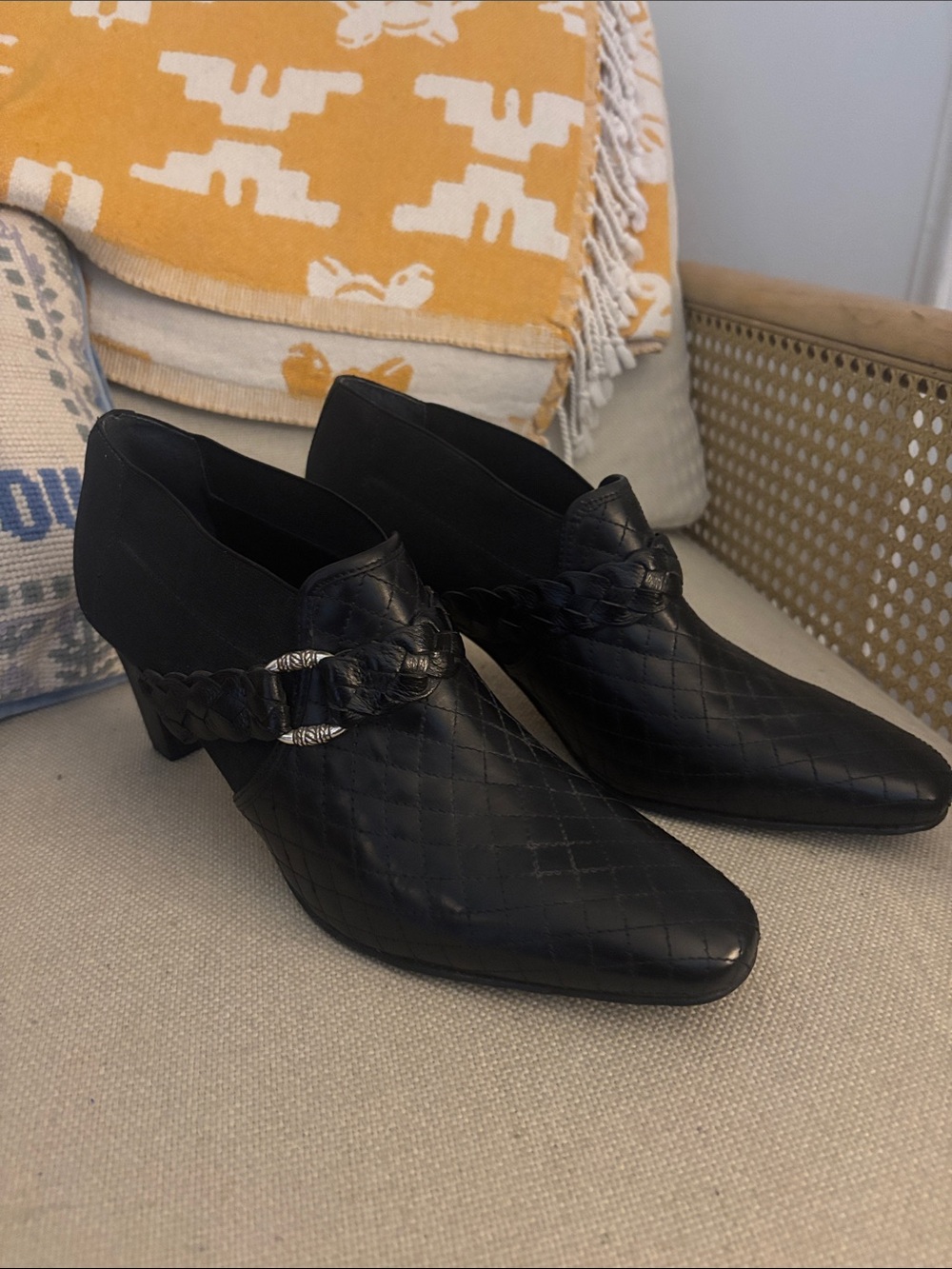 Brighton Roman- Black Quilted Leather Heeled Booties with Braided Strap